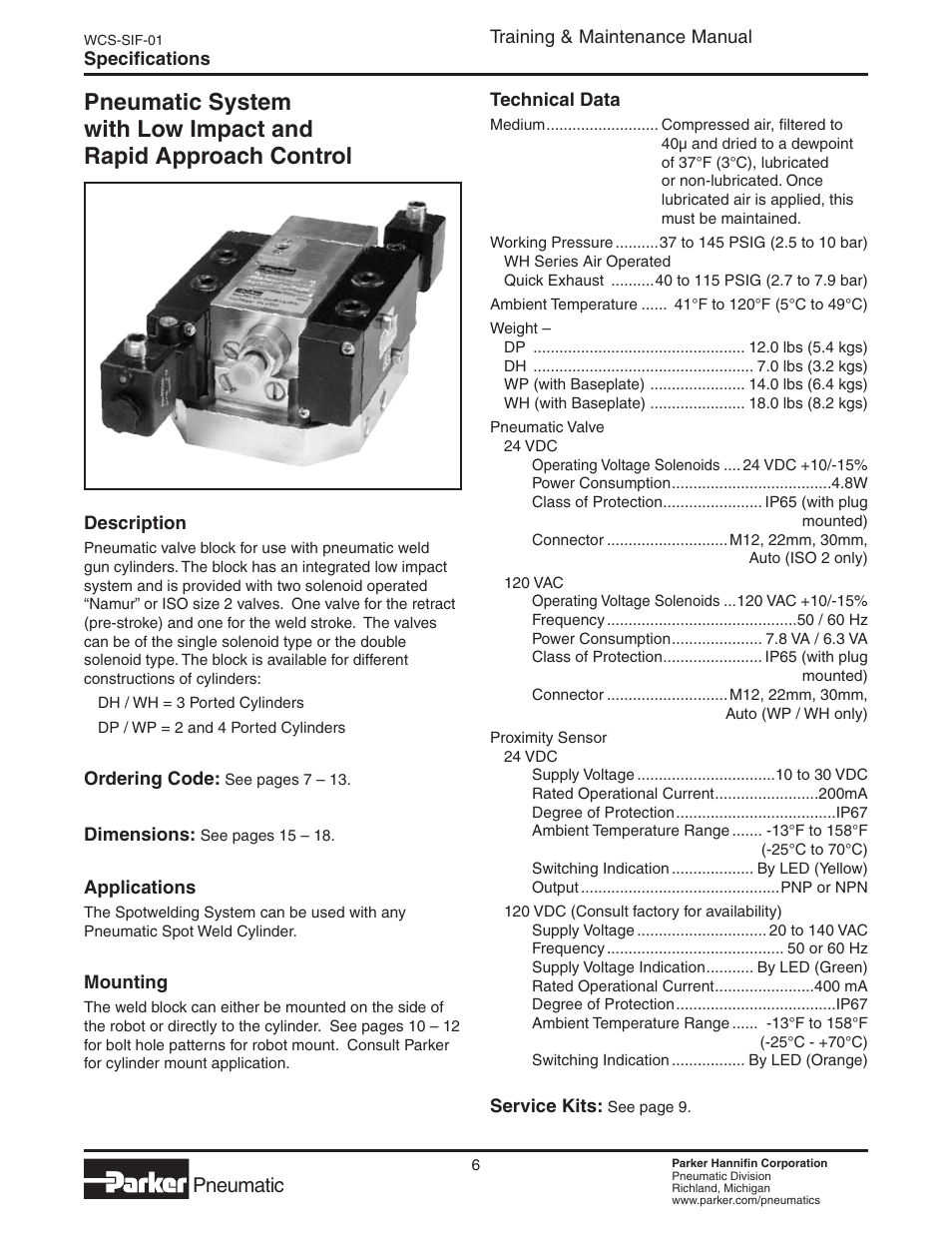 Specifications, Pneumatic system, Pneumatic | Parker  Products WCS-SIF-01 User Manual | Page 6 / 20