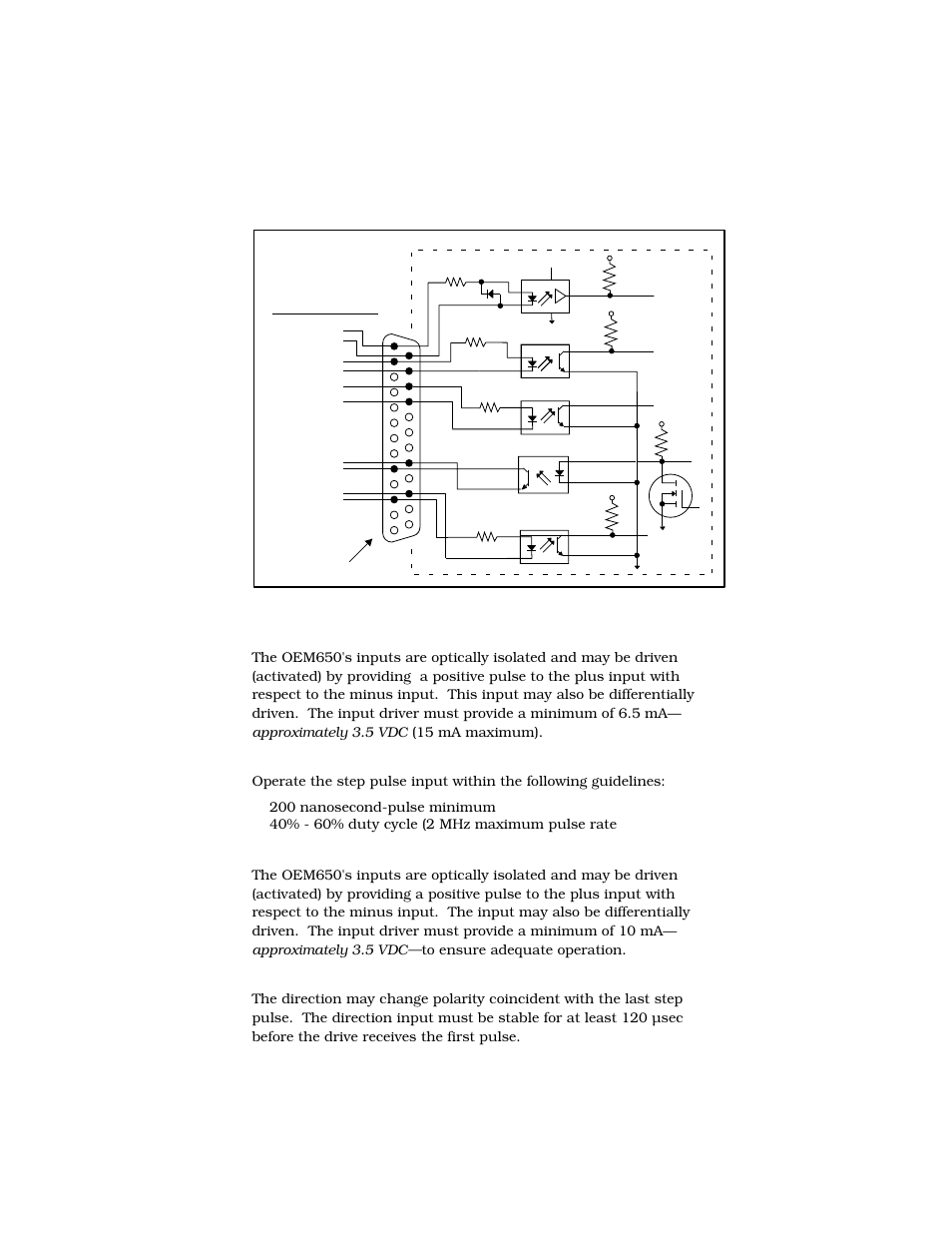 Oem650 inputs and outputs, Step input signal specification, Direction input signal specification | Internal connections inputs & outputs | Parker  Products OEM650X User Manual | Page 31 / 58