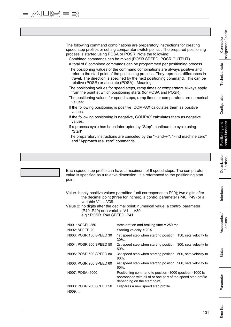 Preparatory instructions, 12 preparatory instructions, Positioning and control functions | Posr speed | Parker  Products COMPAX-M /-S (L) User Manual | Page 101 / 242