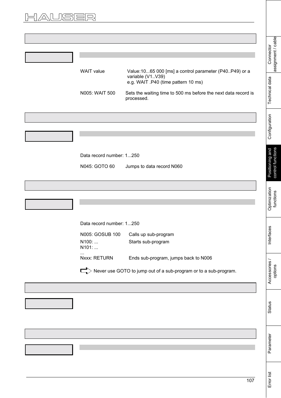 Rogrammable waiting time [wait, Program jump [goto, Sub-program jump [gosub | Instruction to end a sub-program. [return, End instruction [end, 16 programmable waiting time [wait, 17 program jump [goto, 18 sub-program jump [gosub, 19 instruction to end a sub-program. [return, 20 end instruction [end | Parker  Products COMPAX-M /-S (L) User Manual | Page 107 / 242