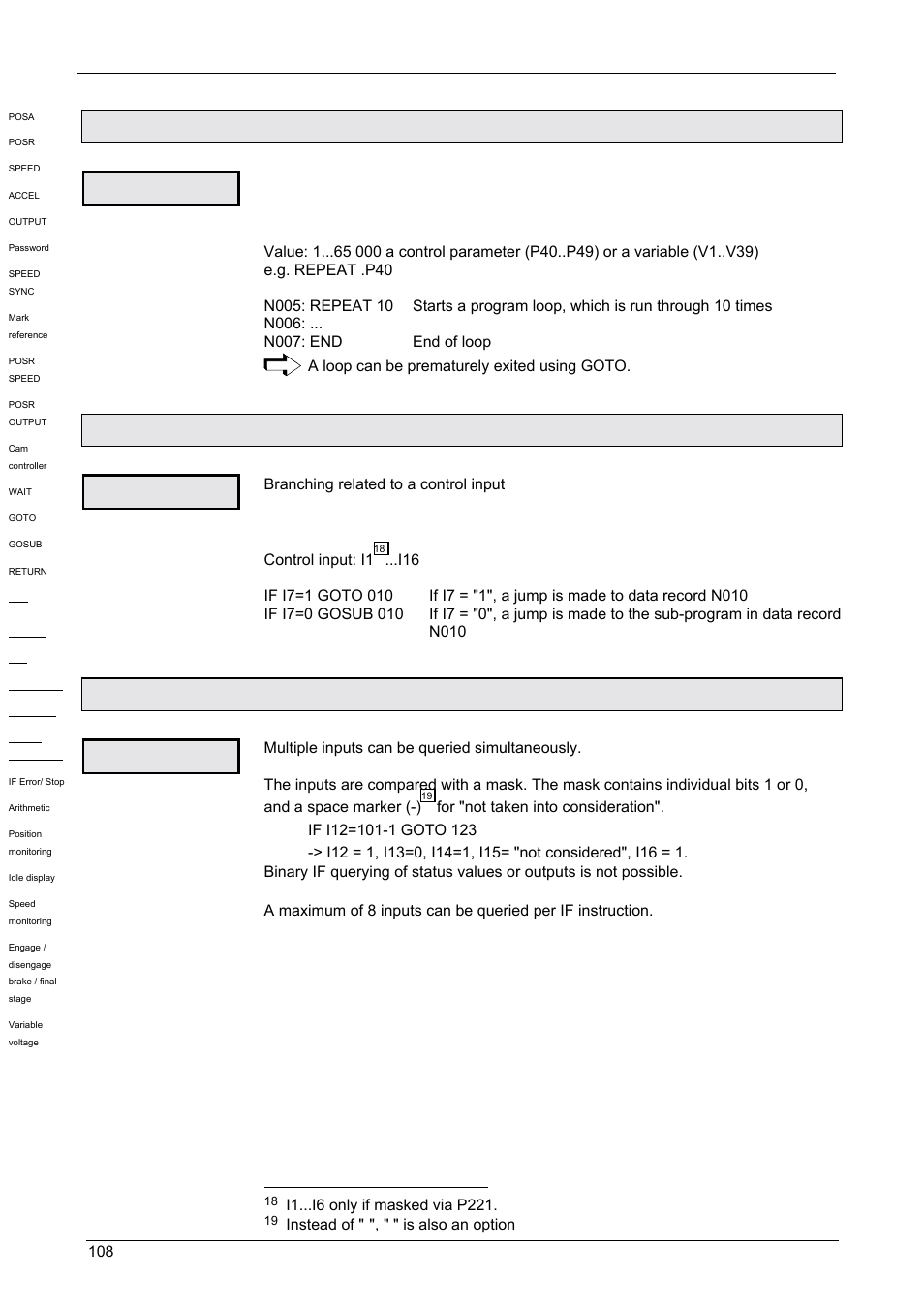 Start a program loop [repeat, Branching [if i7=1, Binary if query of inputs [if i12=101-1 | 21 start a program loop [repeat, 22 branching [if i7=1, 23 binary if query of inputs [if i12=101-1, Operating instructions, Compax-m / -s, Repeat, If i7=1 | Parker  Products COMPAX-M /-S (L) User Manual | Page 108 / 242