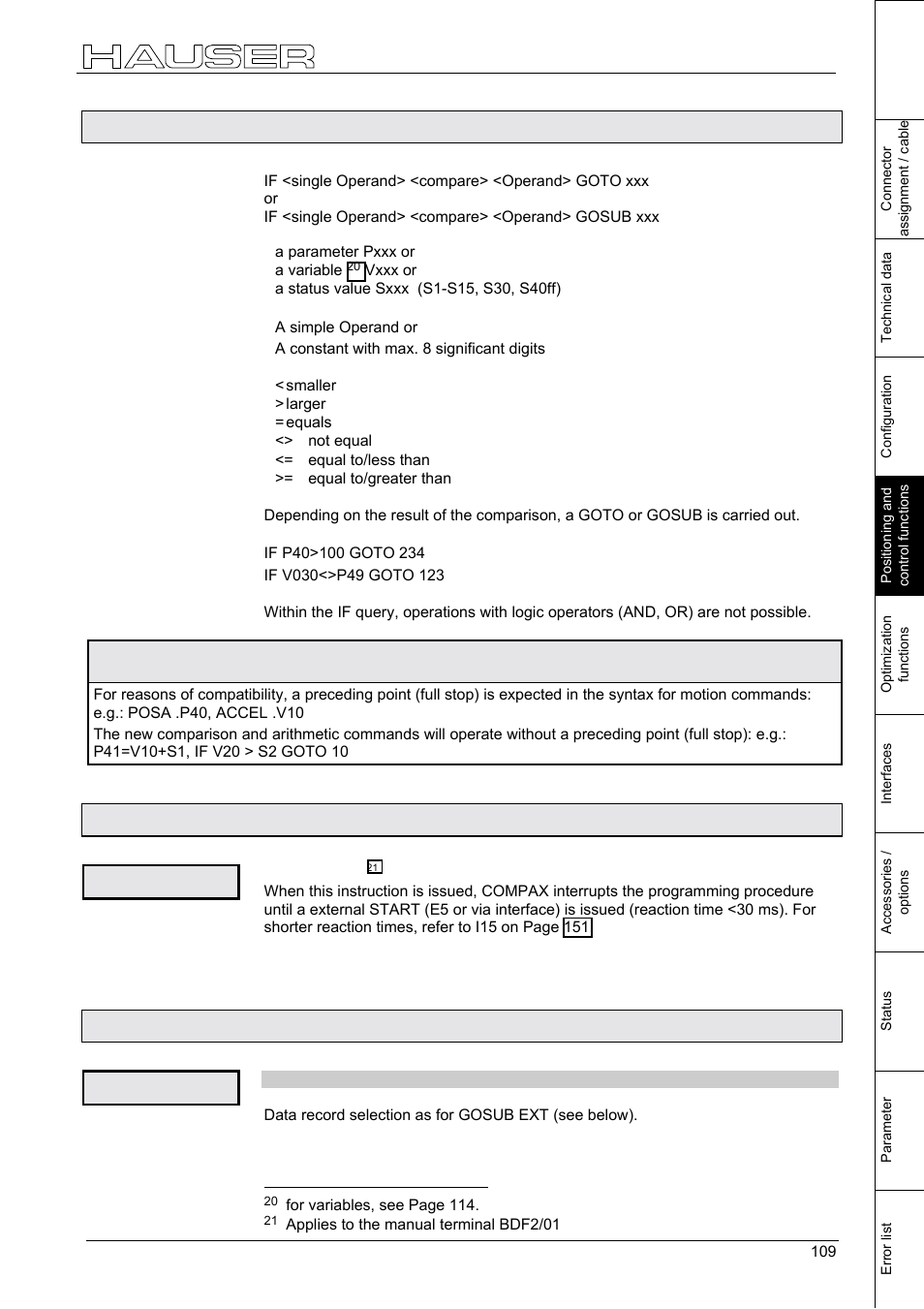 Comparative operations, Jump with data record selection [goto ext, 24 comparative operations | 26 jump with data record selection [goto ext, Positioning and control functions, Wait start, Goto ext | Parker  Products COMPAX-M /-S (L) User Manual | Page 109 / 242