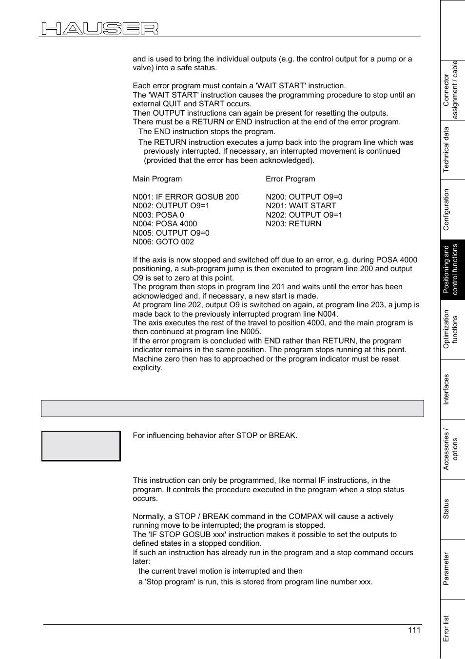 Stop / break handling [if stop gosub xxx, 29 stop / break handling [if stop gosub xxx, Positioning and control functions | If stop gosub xxx | Parker  Products COMPAX-M /-S (L) User Manual | Page 111 / 242