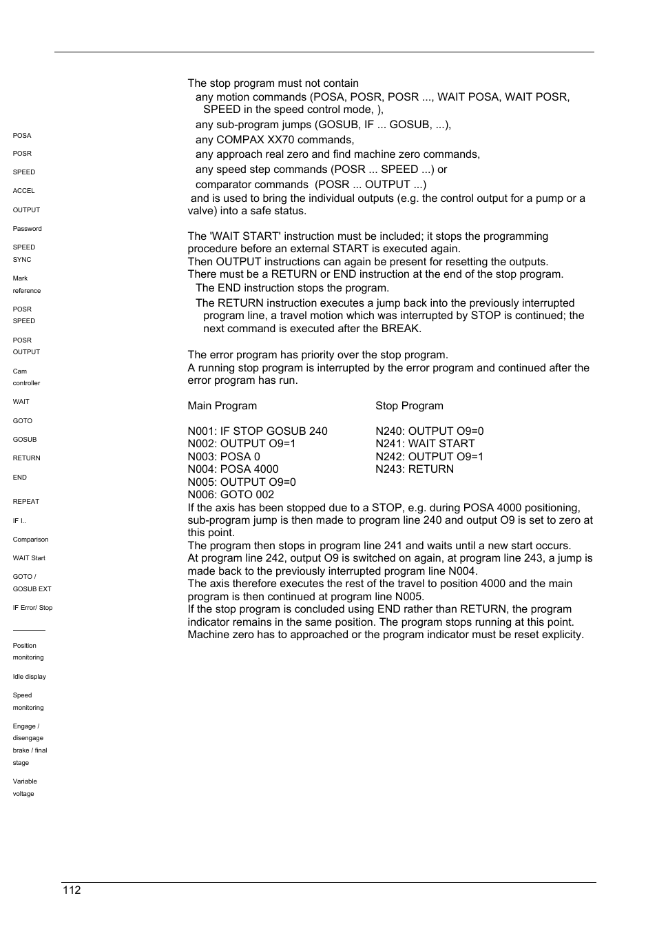 Operating instructions, Compax-m / -s, Stop program | Priority, Any sub-program jumps (gosub, if ... gosub, ...), Any compax xx70 commands, Any speed step commands (posr ... speed ...) or, The end instruction stops the program, Error program with wait start, Example | Parker  Products COMPAX-M /-S (L) User Manual | Page 112 / 242