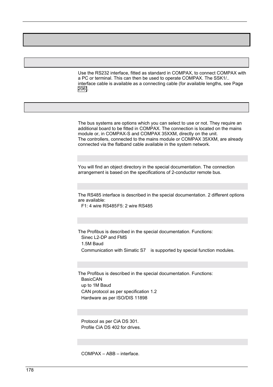 Data interfaces, Rs232, Bus systems | Interbus-s / option f2, Rs485 / option f1/f5, Profibus / option f3, Can - bus / option f4, Canopen / option f8, Cs31system bus / option f7, Bus systems 9.5.2.1 | Parker  Products COMPAX-M /-S (L) User Manual | Page 178 / 242