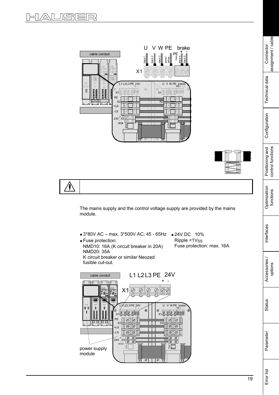 Compax-m unit features, L1 l2 l3 pe, U v w pe | Brake, Power supply, Control voltage, Wiring up the motor, Wiring up mains power / control voltage | Parker  Products COMPAX-M /-S (L) User Manual | Page 19 / 242