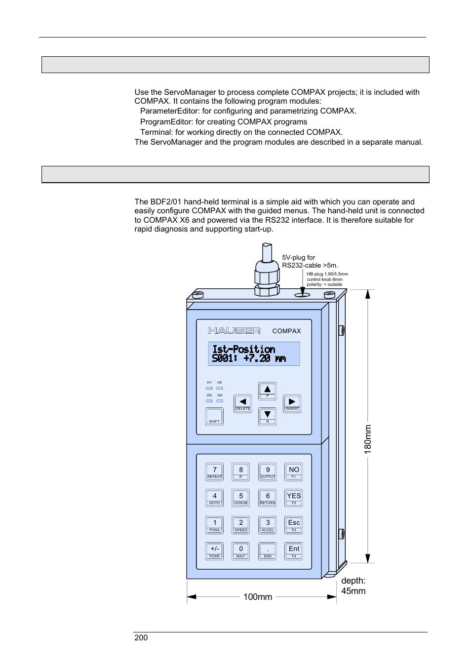 Servomanager, Hand-held terminal, Accessories and options | Compax-m / -s, 6 servomanager, 7 hand-held terminal, Depth: 45mm, Servomanager 200, Programeditor: for creating compax programs, Design | Parker  Products COMPAX-M /-S (L) User Manual | Page 200 / 242