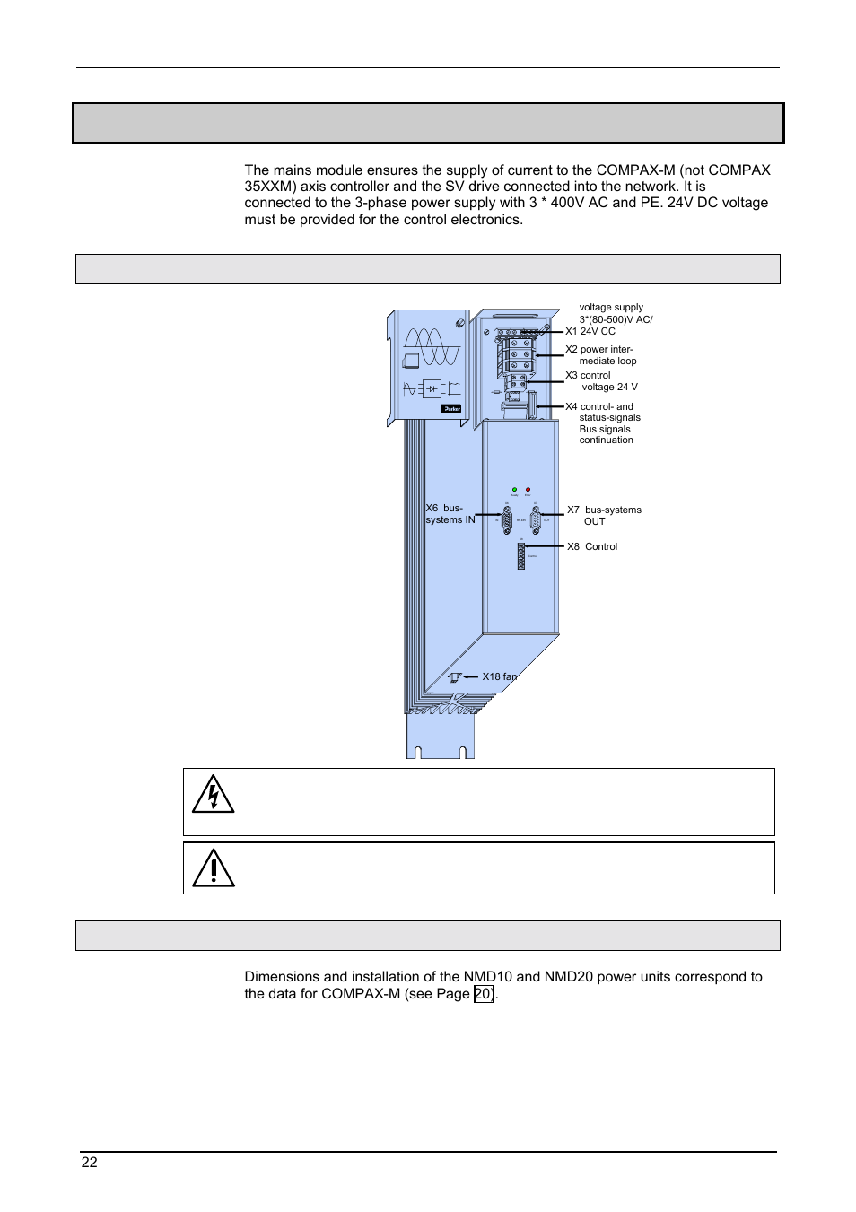 Mains module nmd10/nmd20, Overview nmd, Dimensions / installation | Start-up manual, Compax-m / -s, 1 overview nmd, 2 dimensions / installation, Version | Parker  Products COMPAX-M /-S (L) User Manual | Page 22 / 242