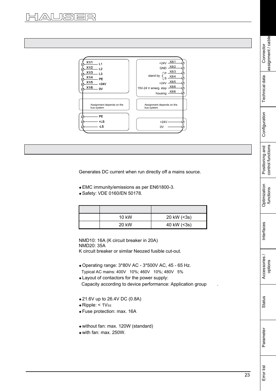 Nmd connector assignment, Technical data / power features nmd, Mains module nmd10/nmd20 | 3 nmd connector assignment, 4 technical data / power features nmd, Ce conformity, Nmd connector assignment 23, Ripple: < 1v, Fuse protection: max. 16a dissipation power, Without fan: max. 120w (standard) | Parker  Products COMPAX-M /-S (L) User Manual | Page 23 / 242