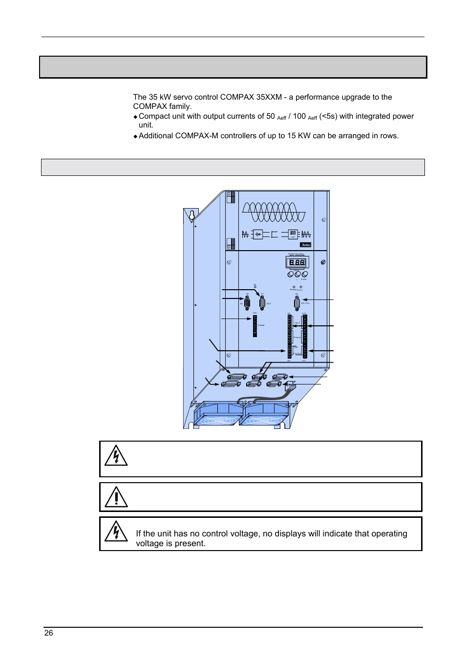 Compax 35xxs unit features, Plug and connection assignment compax 35xxm, Start-up manual | 4 compax 35xxs unit features, Compax-m / -s, 1 plug and connection assignment compax 35xxm, Caution, Compact unit with output currents of 50, 5s) with integrated power unit | Parker  Products COMPAX-M /-S (L) User Manual | Page 26 / 242