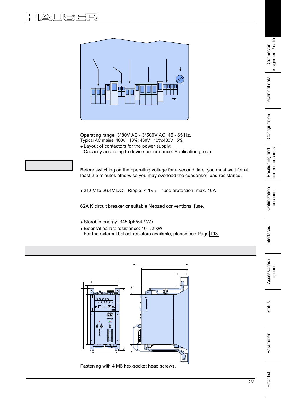 Installation and dimensions of compax 35xxm, Compax 35xxs unit features, 2 installation and dimensions of compax 35xxm | Mains supply fuse protection, Regeneration mode, Specific technical data, Installation and dimensions of compax 35xxm 27, Fuse protection: max. 16a | Parker  Products COMPAX-M /-S (L) User Manual | Page 27 / 242