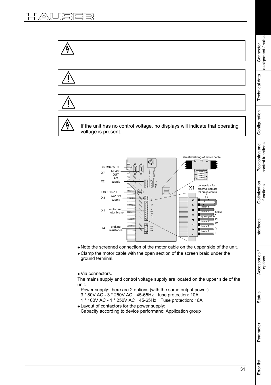 Compax 25xxs unit characteristics, Caution, Under a fixing bolt | On unit side, 65hz, Fuse protection: 16a | Parker  Products COMPAX-M /-S (L) User Manual | Page 31 / 242