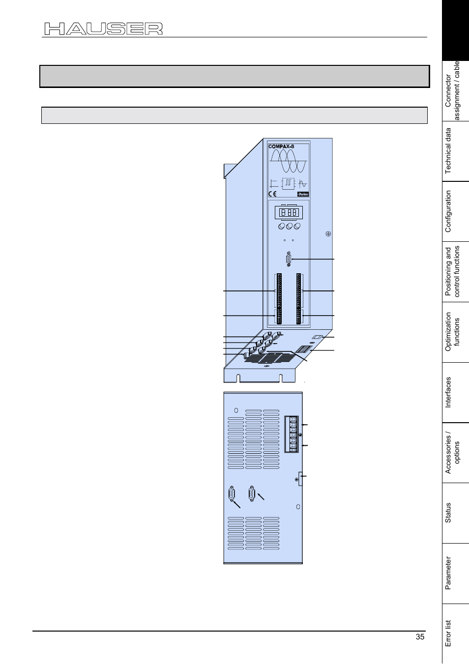 Compax 45xxs/85xxs unit characteristics, Plug and connection assignment compax 45xxs/85xxs, Plan view | Parker  Products COMPAX-M /-S (L) User Manual | Page 35 / 242