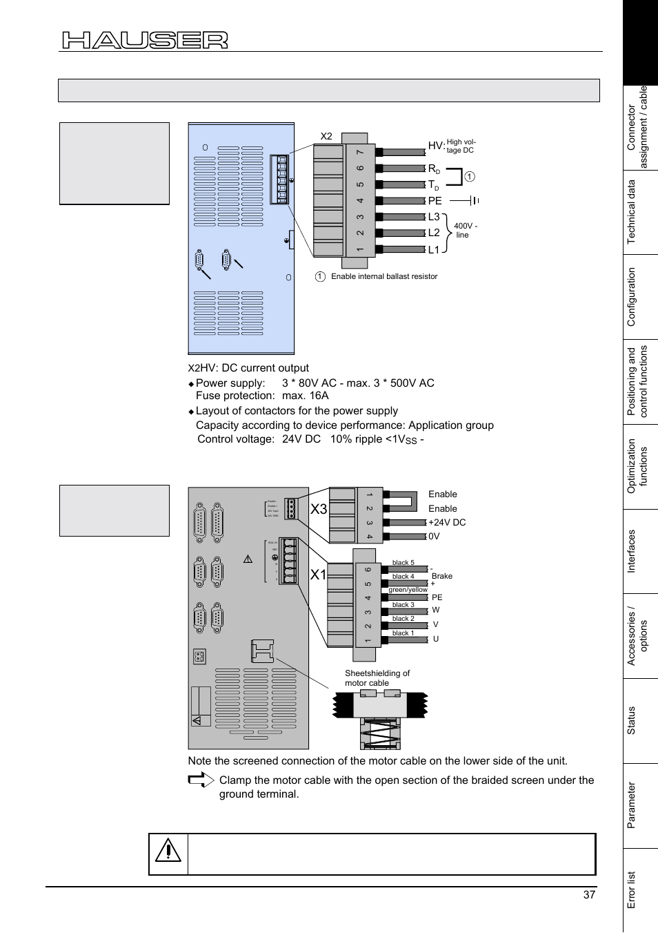 Compax 45xxs/85xxs-specific wiring, Compax 45xxs/85xxs unit characteristics, Hv: dc current output | Layout of contactors for the power supply, Pe l1 l2 l3, Enable enable +24v dc 0v | Parker  Products COMPAX-M /-S (L) User Manual | Page 37 / 242