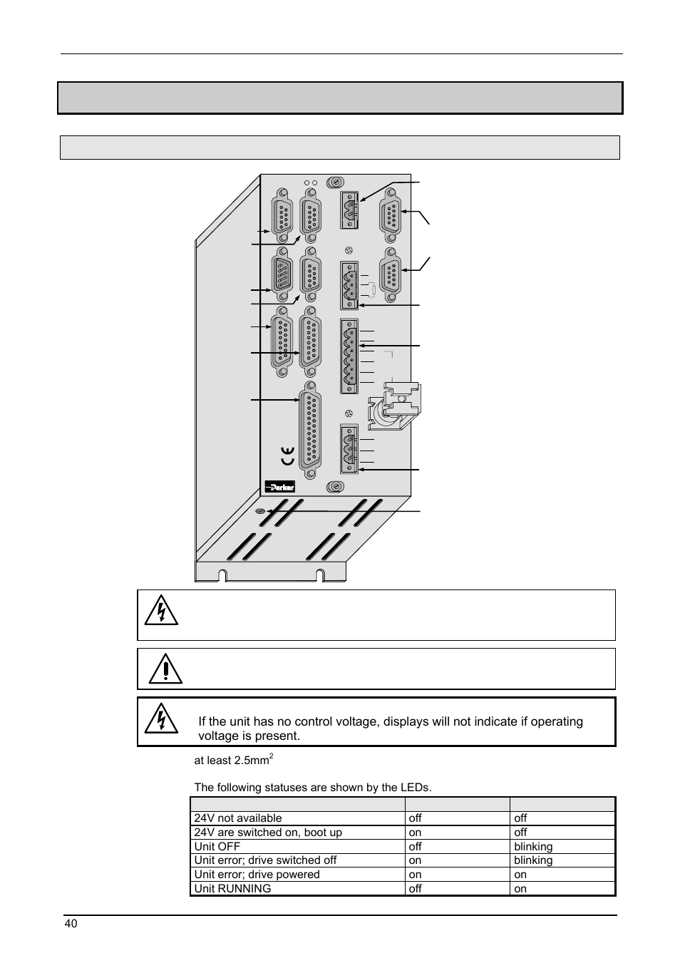 Compax 1000sl unit characteristics, Start-up manual compax-m / s, Caution | Pe – terminal: led display, At least 2.5mm | Parker  Products COMPAX-M /-S (L) User Manual | Page 40 / 242