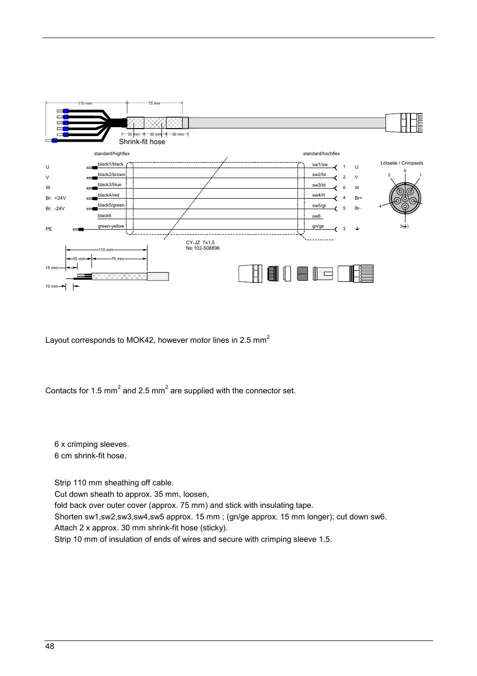 Start-up manual, Compax-m / -s, Motor cable for hj and hdy – motors | Packaging, Packaging of device, Resolver / sincos 48, Contacts for 1.5 mm, And 2.5 mm, Are supplied with the connector set | Parker  Products COMPAX-M /-S (L) User Manual | Page 48 / 242