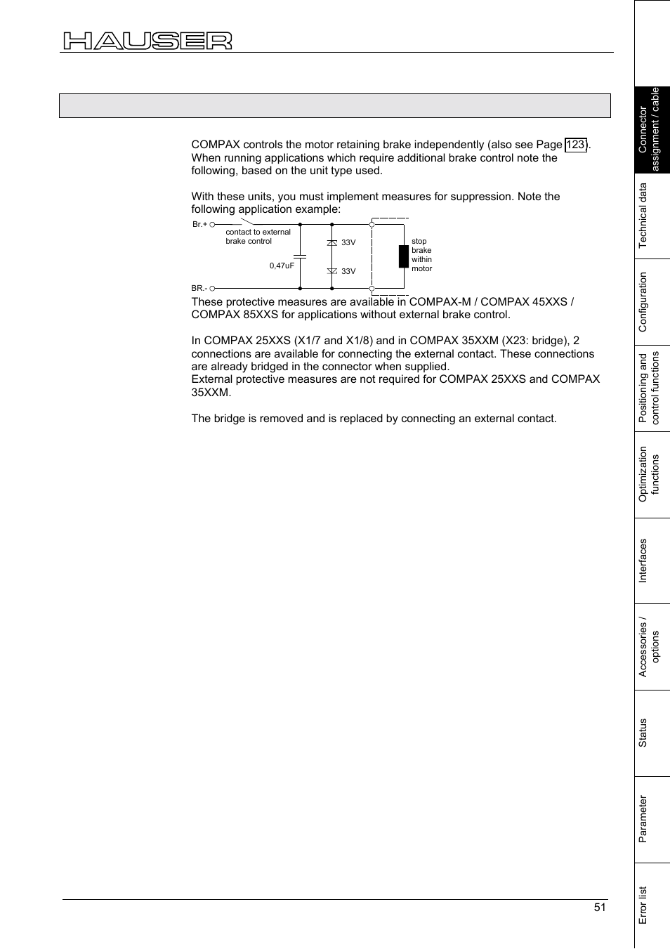 Additional brake control, Connections to the motor, 2 additional brake control | Parker  Products COMPAX-M /-S (L) User Manual | Page 51 / 242