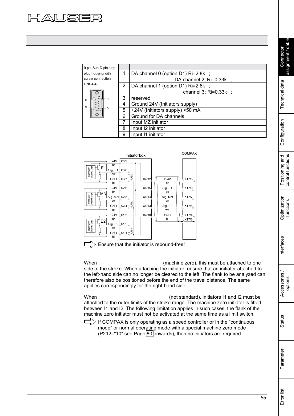 Initiators and d/a monitor, Interfaces, 4 initiators and d/a monitor | Connection assignment on x17, 9input i1 initiator | Parker  Products COMPAX-M /-S (L) User Manual | Page 55 / 242