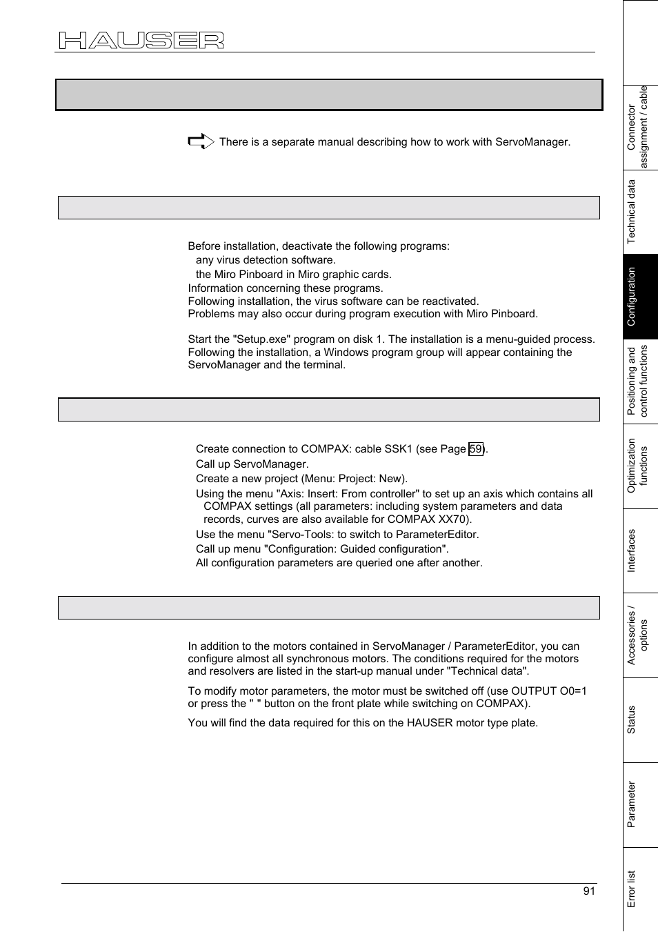 Configuration via pc using "servomanager, Installing servomanager, Configuring compax | Individual configuration of synchronous motors, 3 configuration via pc using "servomanager, 1 installing servomanager, 2 configuring compax, 3 individual configuration of synchronous motors | Parker Products COMPAX-M /-S (L) User Manual | Page 91 / 242