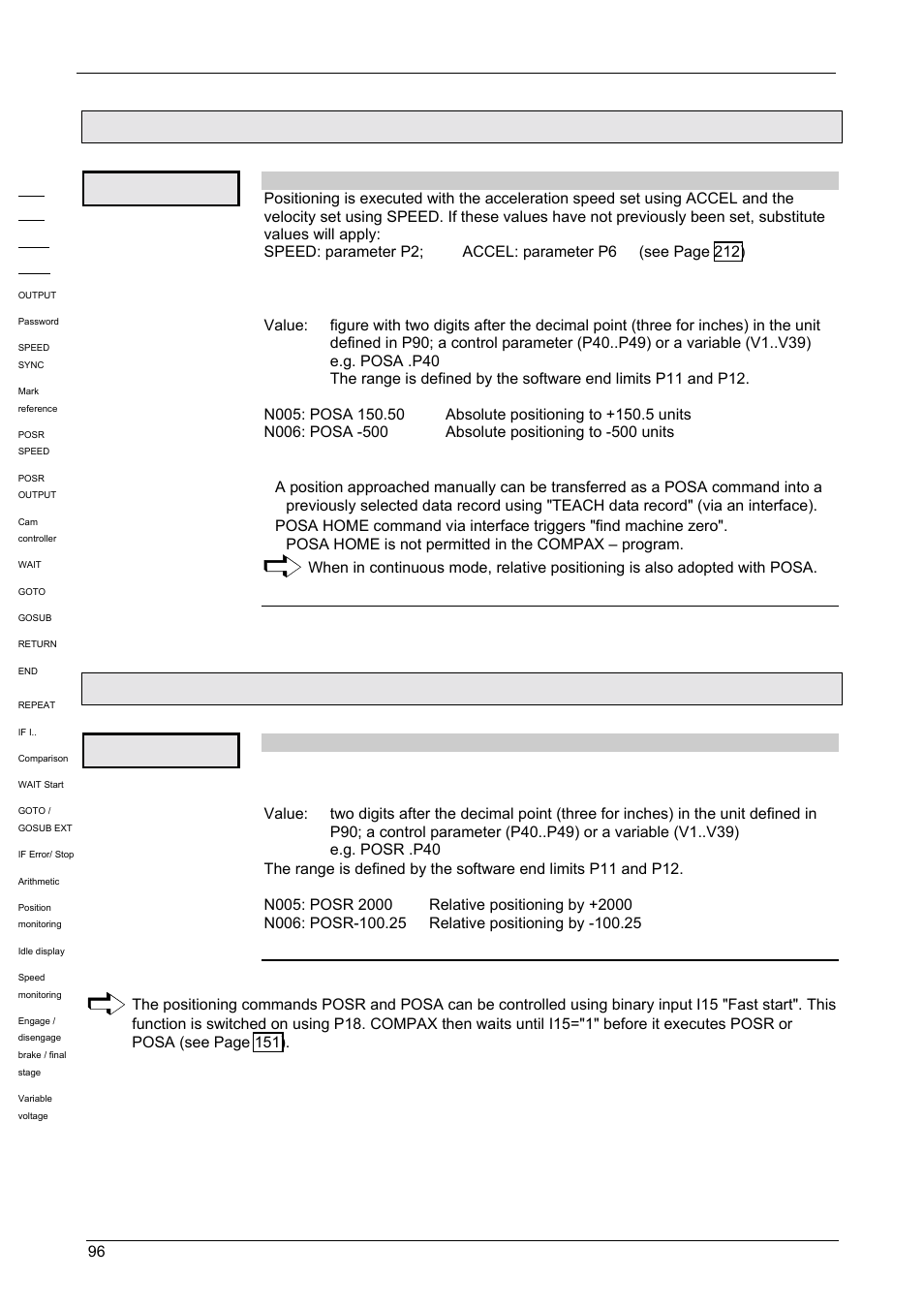 Absolute positioning [posa, Relative positioning [posr, Operating instructions | Compax-m / -s, 1 absolute positioning [posa, 2 relative positioning [posr, Posa, Posr | Parker  Products COMPAX-M /-S (L) User Manual | Page 96 / 242