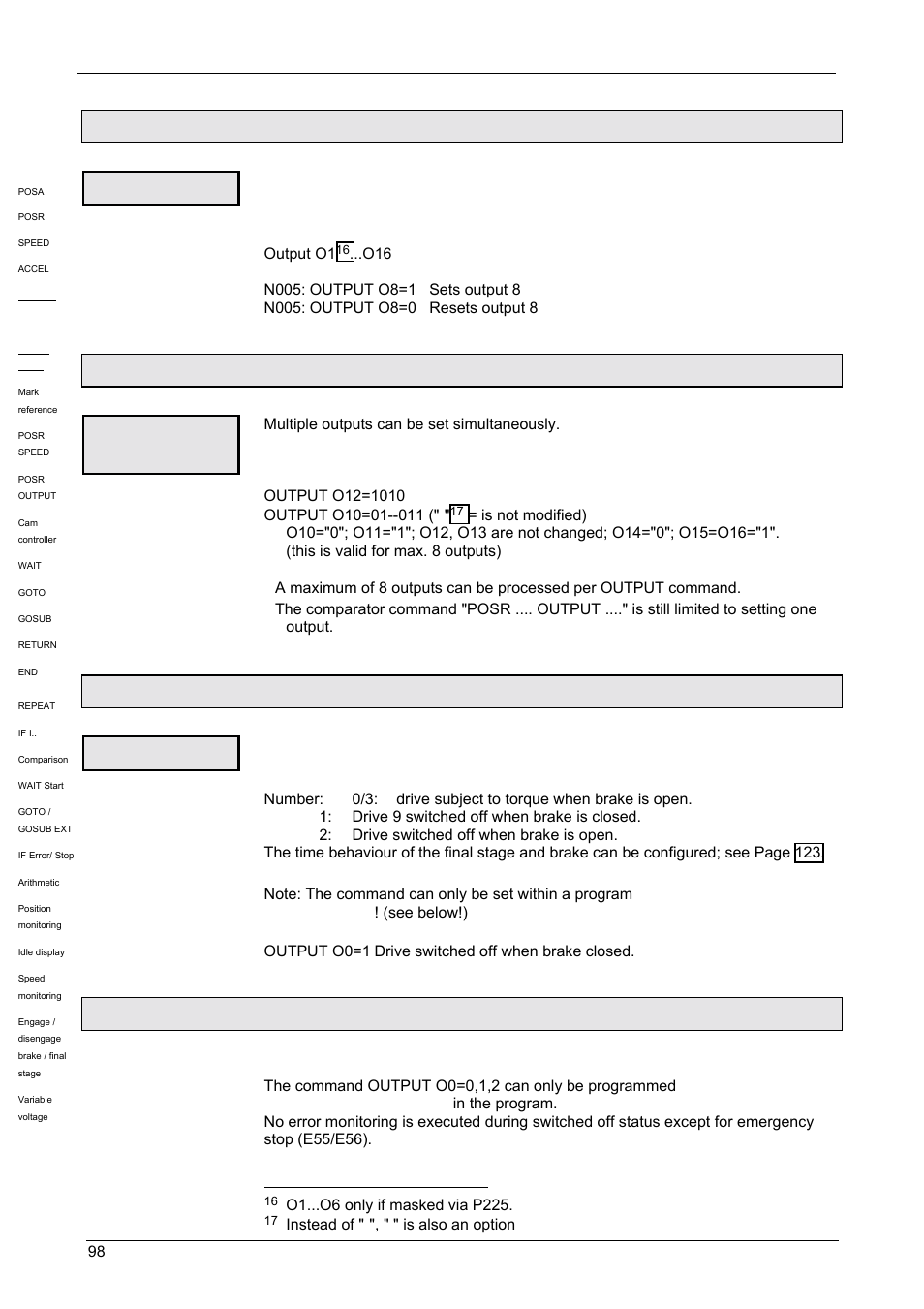 Setting/resetting an output [output, Setting multiple digital outputs [output o12=1010, Switch off drive unit. [output o0 | Output o0=... in program, Setting/resettingan output [output, Operating instructions, Compax-m / -s, 5 setting/resetting an output [output, 7 switch off drive unit. [output o0, 8 output o0=... in program | Parker  Products COMPAX-M /-S (L) User Manual | Page 98 / 242