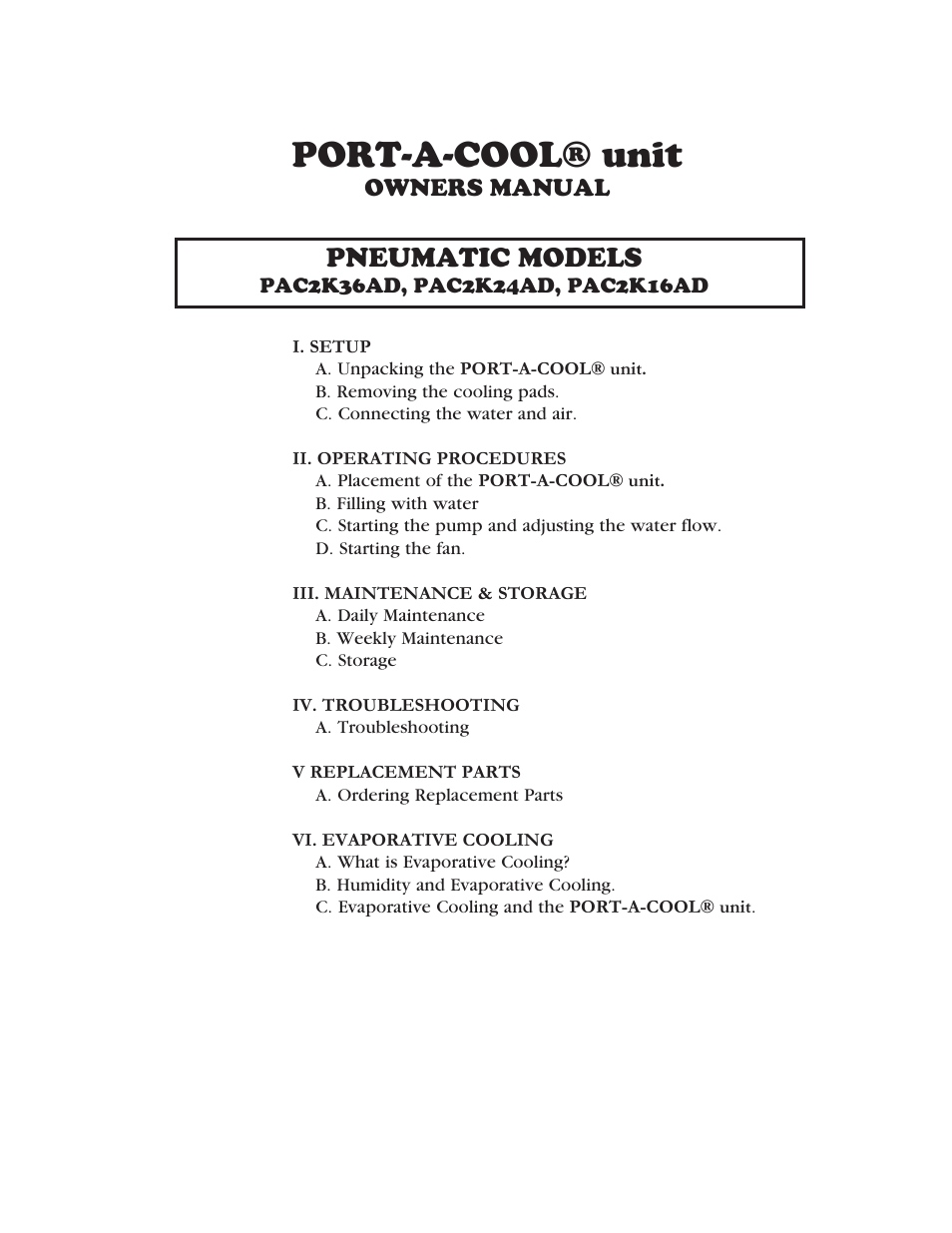 Port-a-cool® unit, Pneumatic models, Owners manual | Port-A-Cool unit series 2000 Pneumatic PAC2K36AD User Manual | Page 2 / 14
