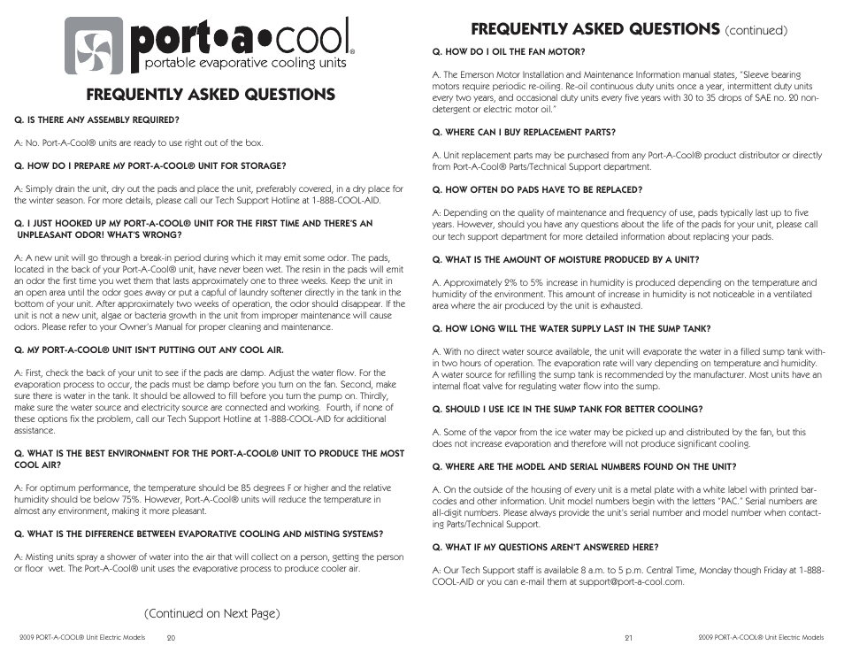 Frequently asked questions, Continued on next page), Continued) | Port-A-Cool PAC2K16HPVSFC User Manual | Page 20 / 20