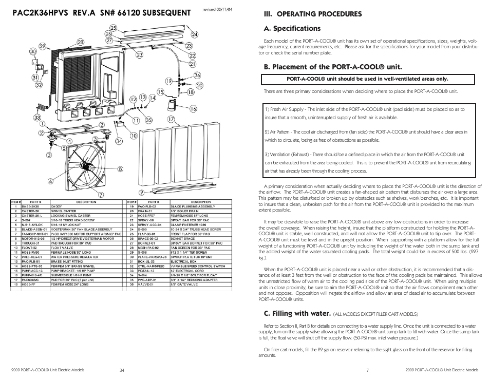Iii. operating procedures a. specifications, B. placement of the port-a-cool® unit, C. filling with water | Port-A-Cool PAC2K16HPVSFC User Manual | Page 7 / 20