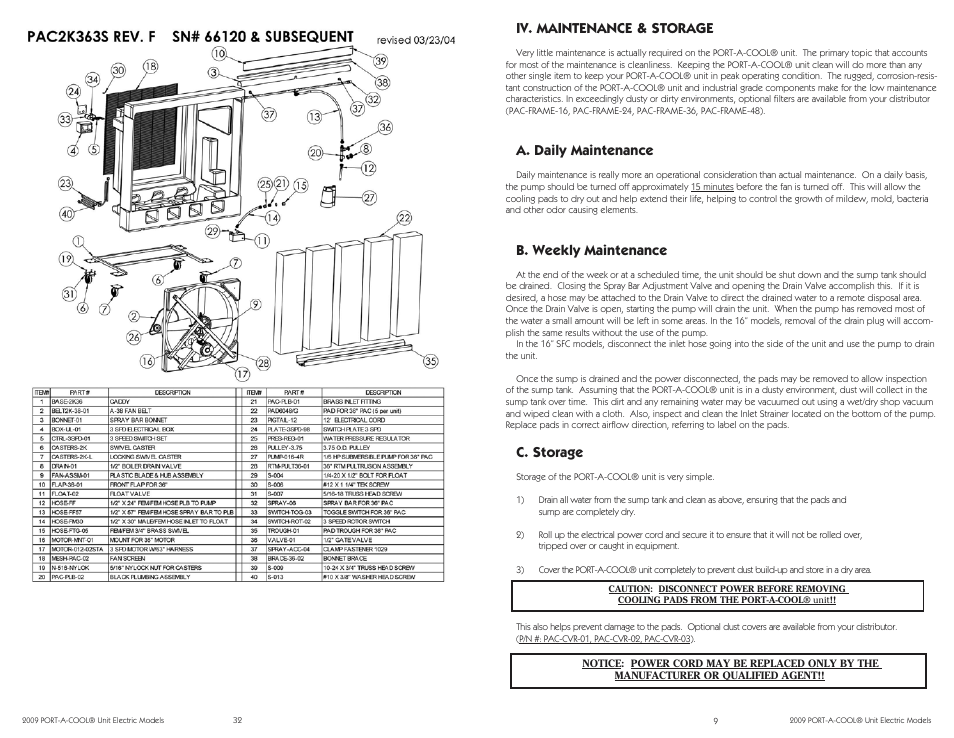 Iv. maintenance & storage, A. daily maintenance, B. weekly maintenance | C. storage | Port-A-Cool PAC2K16HPVSFC User Manual | Page 9 / 20