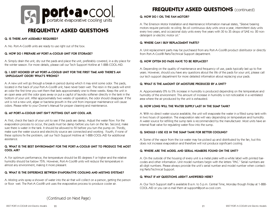Frequently asked questions, Continued on next page), Continued) | Port-A-Cool PAC2K163SHD User Manual | Page 20 / 20