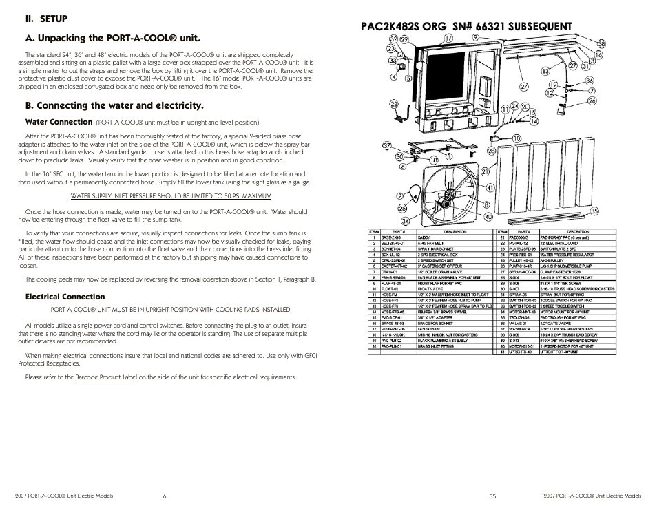 Ii. setup a. unpacking the port-a-cool® unit, B. connecting the water and electricity | Port-A-Cool PAC2K163SHD User Manual | Page 6 / 20