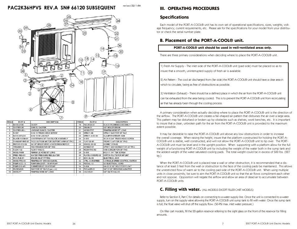 Iii. operating procedures specifications, B. placement of the port-a-cool® unit, C. filling with water | Port-A-Cool PAC2K163SHD User Manual | Page 7 / 20