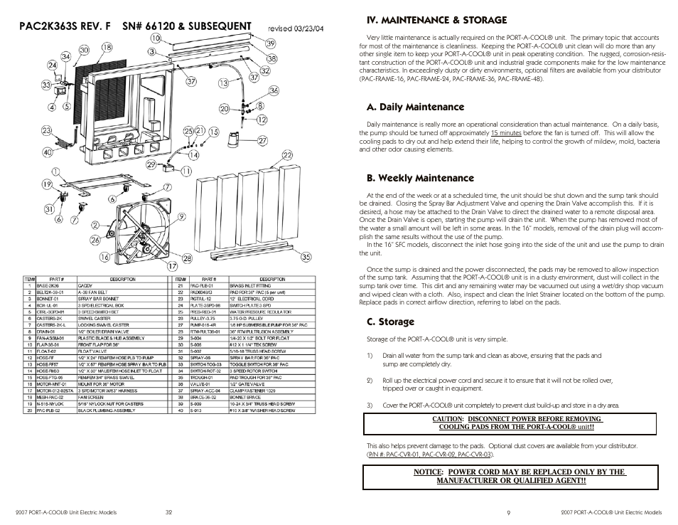 Iv. maintenance & storage, A. daily maintenance, B. weekly maintenance | C. storage | Port-A-Cool PAC2K163SHD User Manual | Page 9 / 20