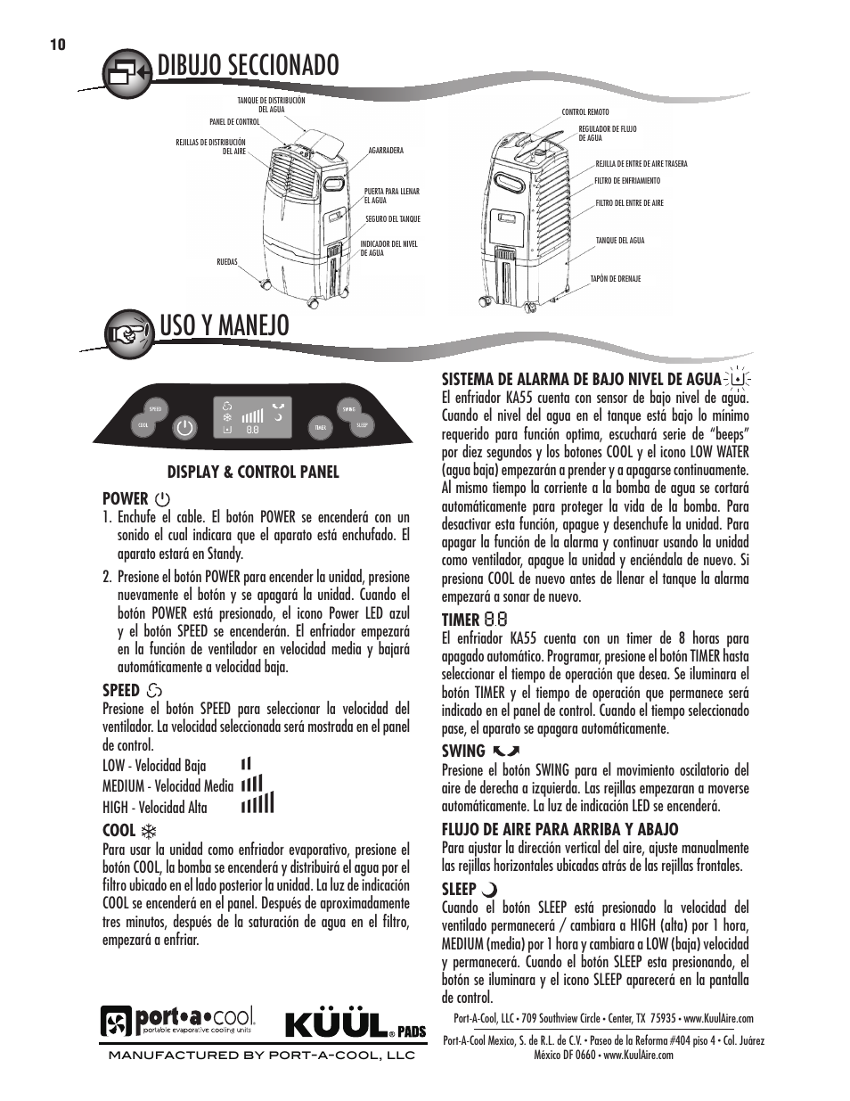Warranty, Cleaning and maintenance, Warnings and safety rules | Location parts description, Seguridad y advertencias, Location dibujo seccionado | Port-A-Cool KA55 User Manual | Page 10 / 24