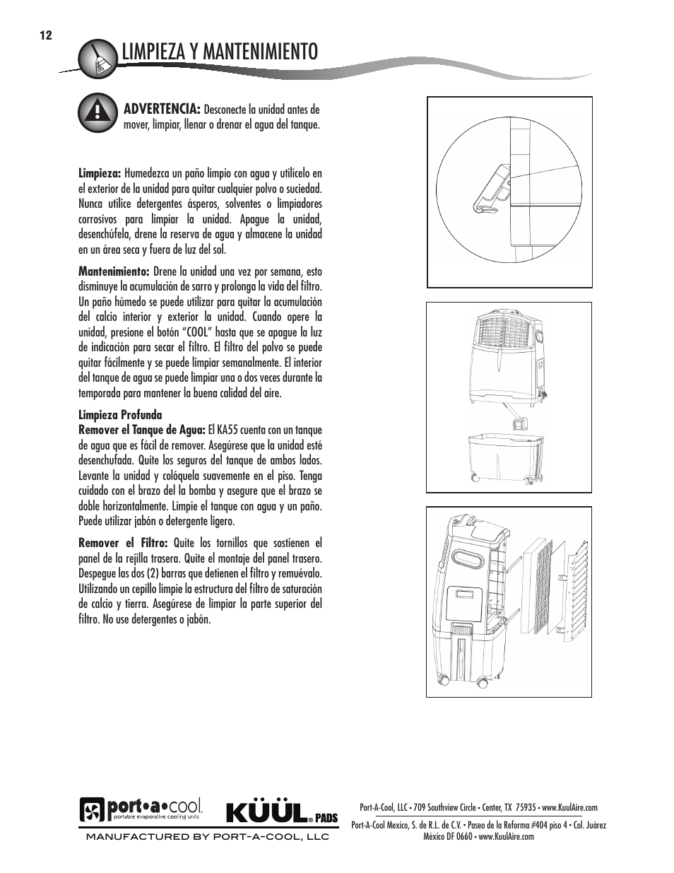 Seguridad y advertencias, Location dibujo seccionado, Warnings and safety rules | Location parts description | Port-A-Cool KA55 User Manual | Page 12 / 24