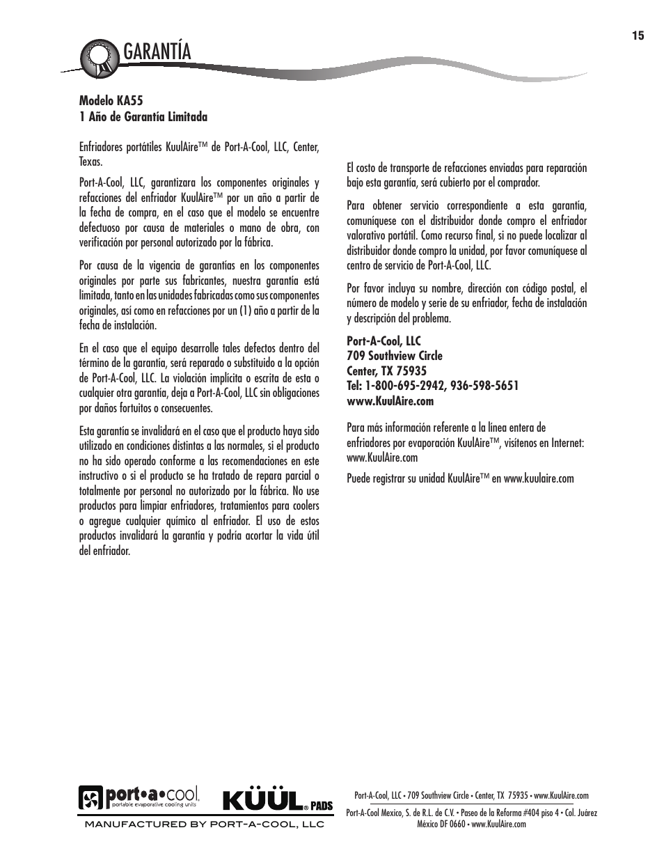 Seguridad y advertencias, Location dibujo seccionado | Port-A-Cool KA55 User Manual | Page 15 / 24