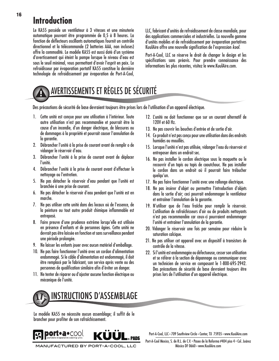 Introduction, Avertissements et règles de sécurité, Location description des pièces | Pièces de remplacement | Port-A-Cool KA55 User Manual | Page 16 / 24