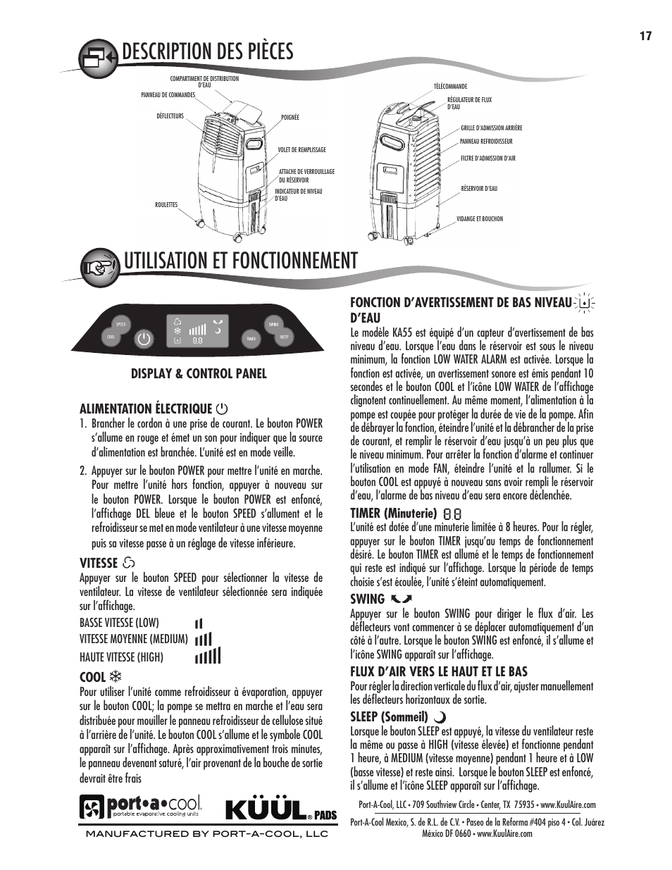 Warranty, Cleaning and maintenance, Warnings and safety rules | Location parts description, Avertissements et règles de sécurité, Location description des pièces, Pièces de remplacement | Port-A-Cool KA55 User Manual | Page 17 / 24