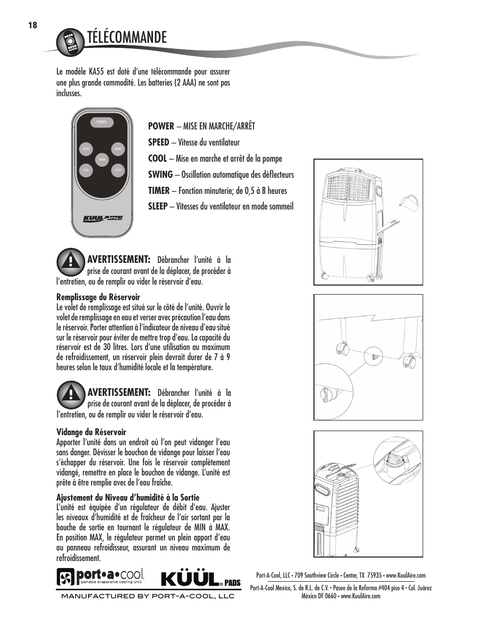 Avertissements et règles de sécurité, Location description des pièces, Pièces de remplacement | Warnings and safety rules, Location parts description | Port-A-Cool KA55 User Manual | Page 18 / 24