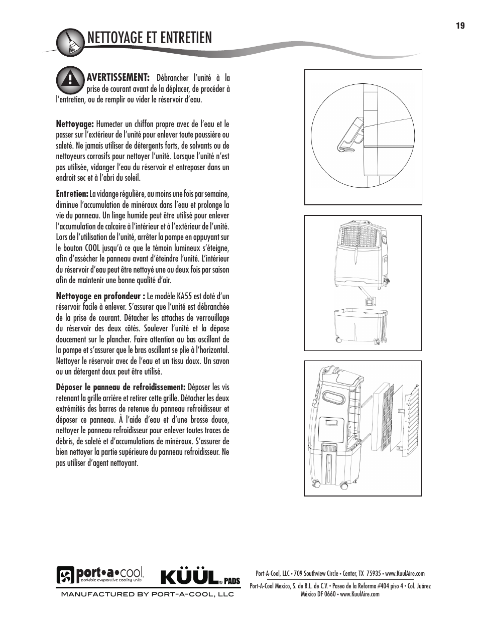 Warnings and safety rules, Location parts description, Avertissements et règles de sécurité | Location description des pièces, Pièces de remplacement | Port-A-Cool KA55 User Manual | Page 19 / 24