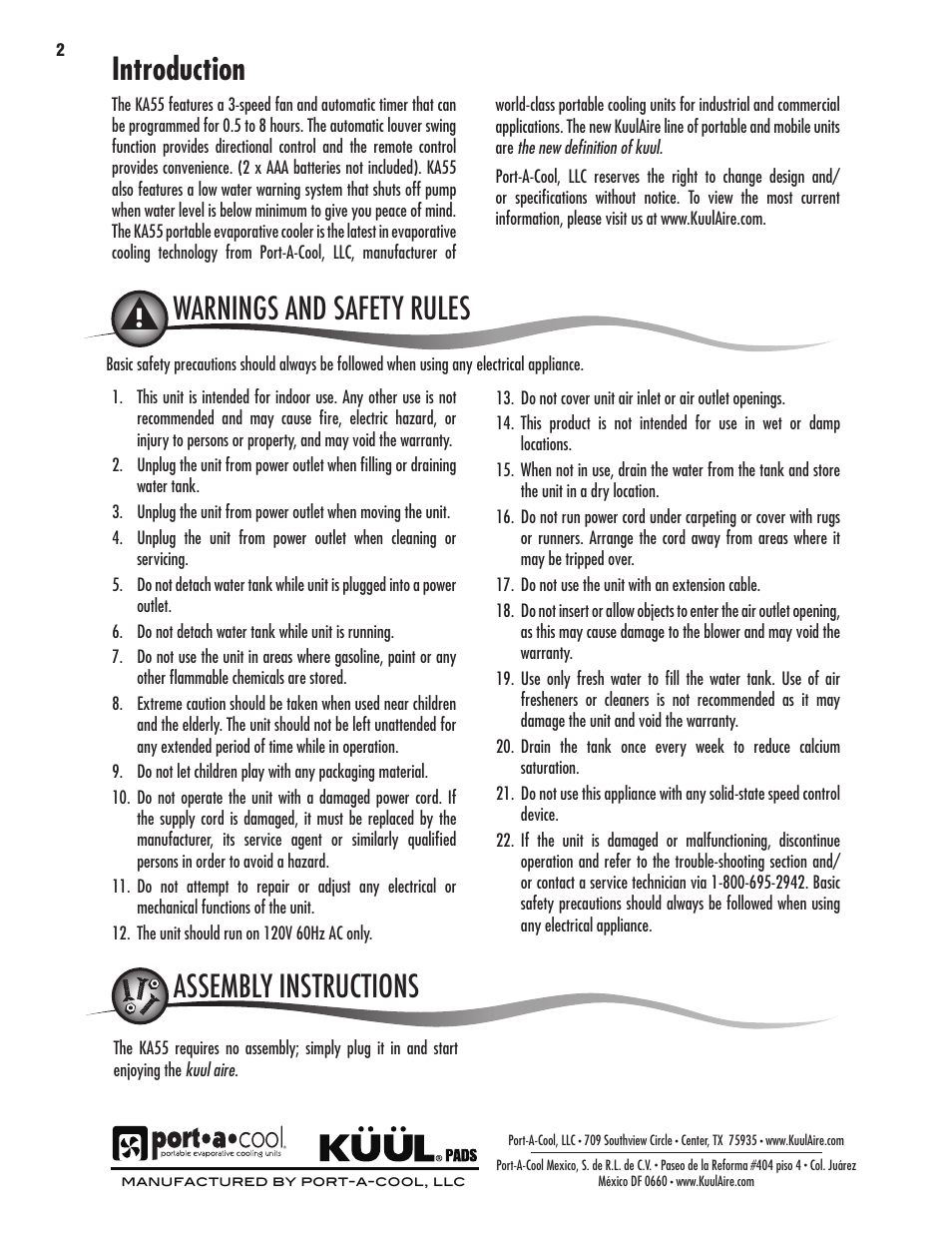 Introduction, Warnings and safety rules, Location parts description | Port-A-Cool KA55 User Manual | Page 2 / 24