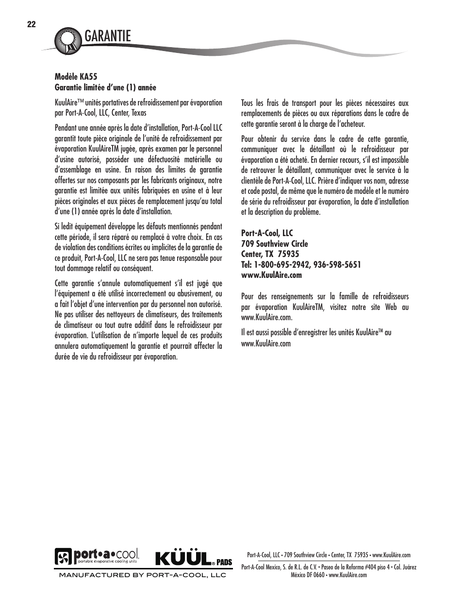 Avertissements et règles de sécurité, Location description des pièces, Pièces de remplacement | Port-A-Cool KA55 User Manual | Page 22 / 24