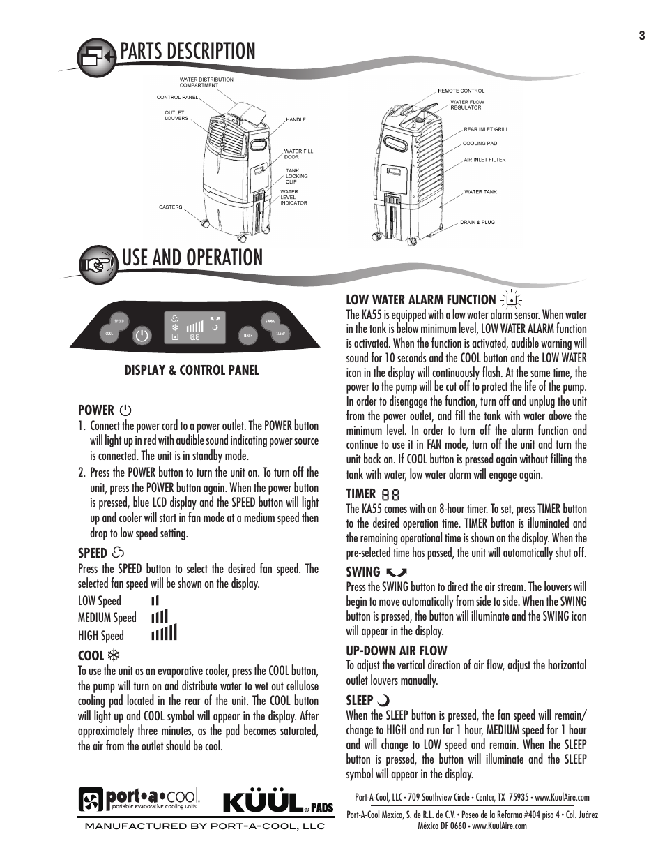 Warranty, Cleaning and maintenance, Warnings and safety rules | Location parts description | Port-A-Cool KA55 User Manual | Page 3 / 24