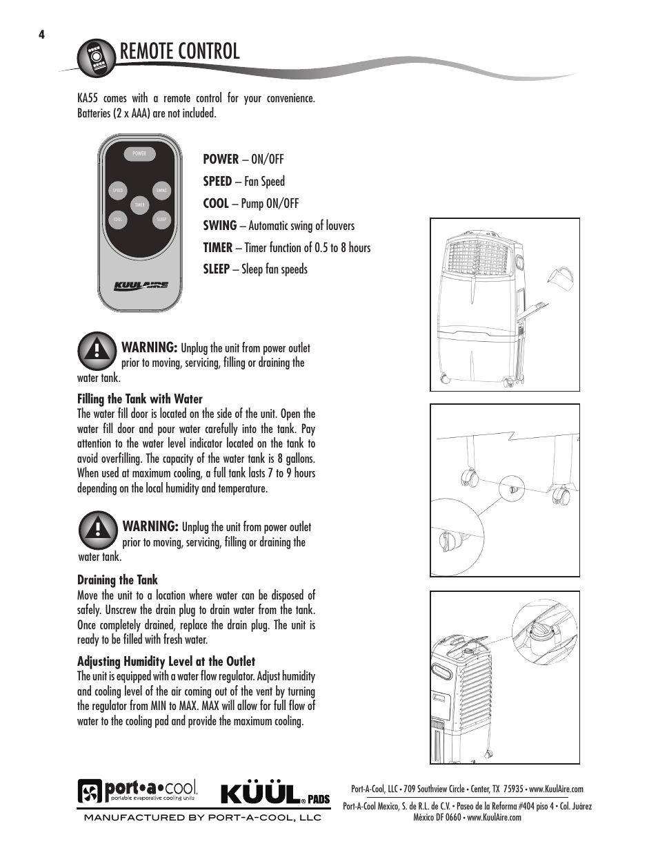 Warnings and safety rules, Location parts description | Port-A-Cool KA55 User Manual | Page 4 / 24