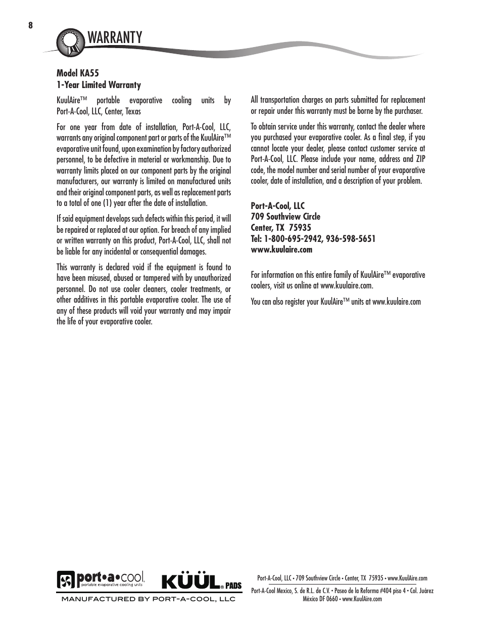 Warnings and safety rules, Location parts description | Port-A-Cool KA55 User Manual | Page 8 / 24
