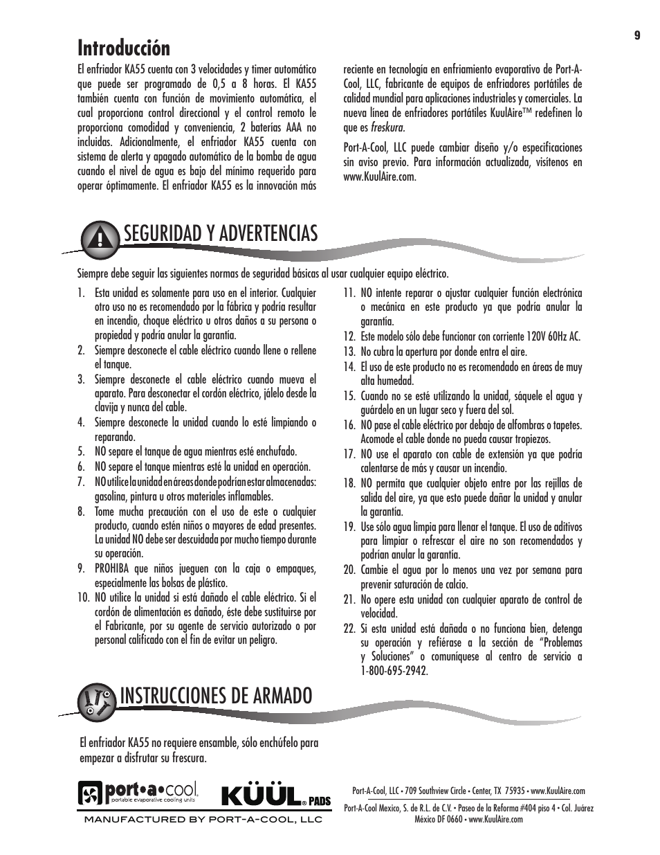 Introducción, Seguridad y advertencias, Location dibujo seccionado | Port-A-Cool KA55 User Manual | Page 9 / 24