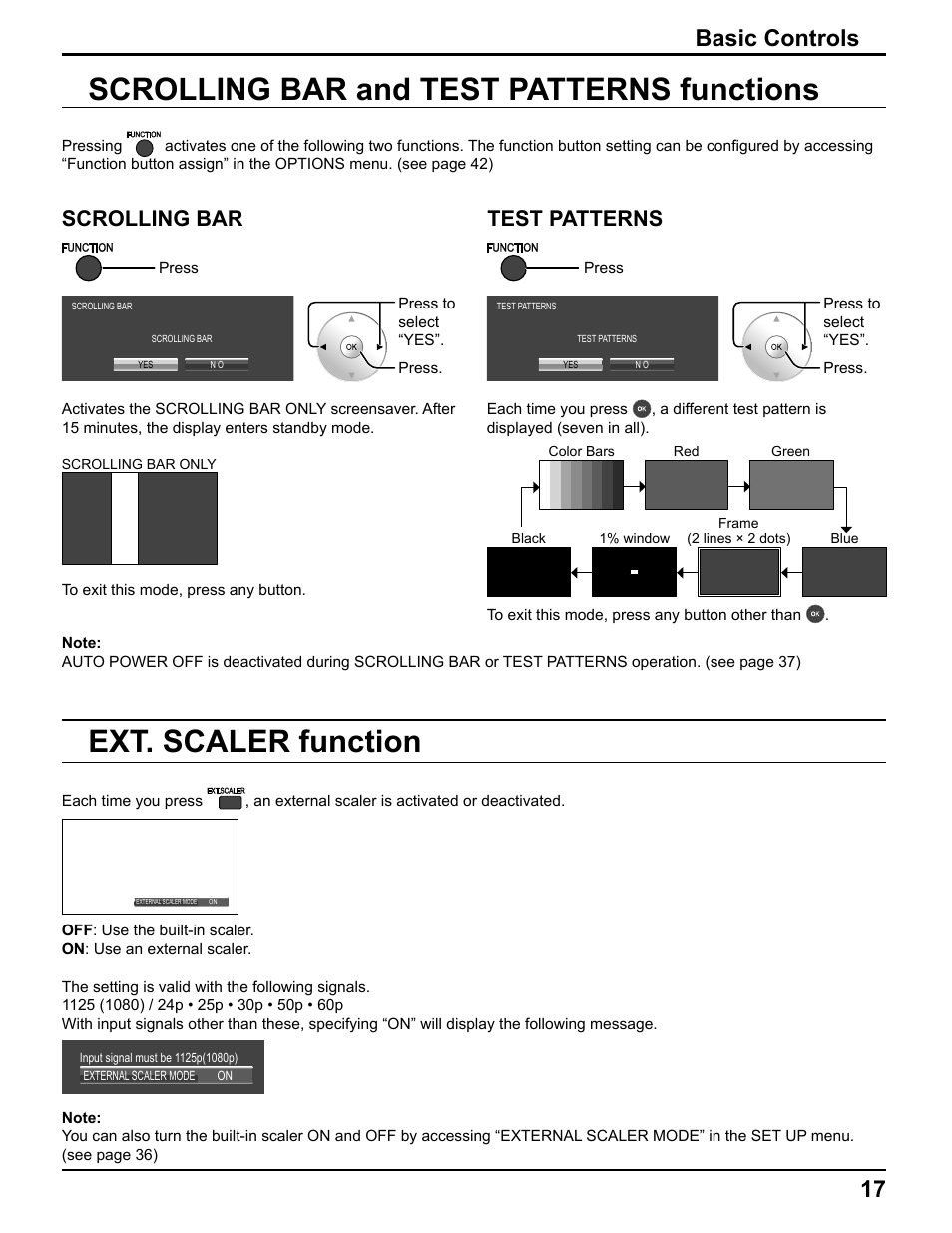 Scrolling bar and test patterns functions, Ext. scaler function, 17 basic controls | Scrolling bar test patterns | Pelican TH-50VX100U User Manual | Page 17 / 56