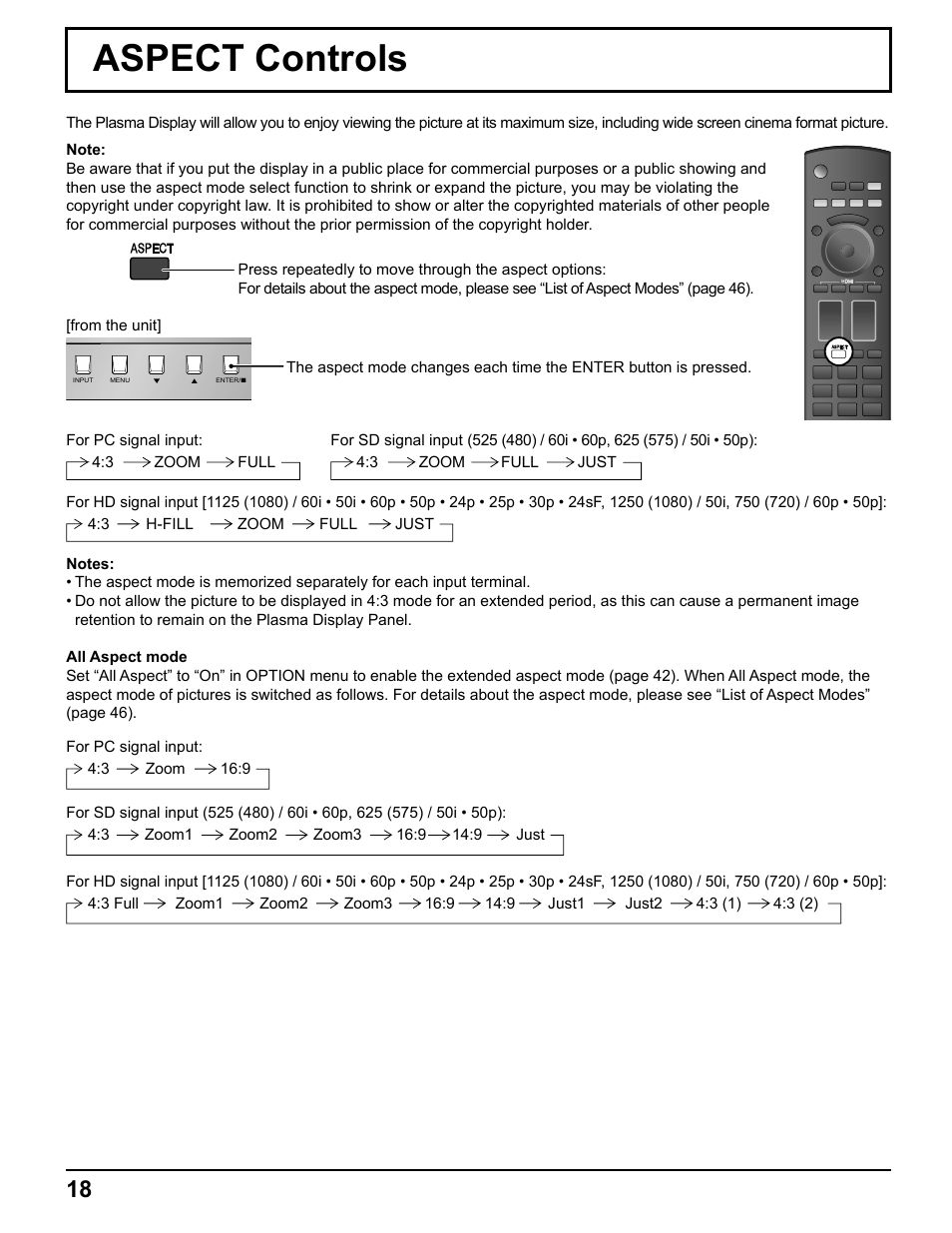 Aspect controls | Pelican TH-50VX100U User Manual | Page 18 / 56