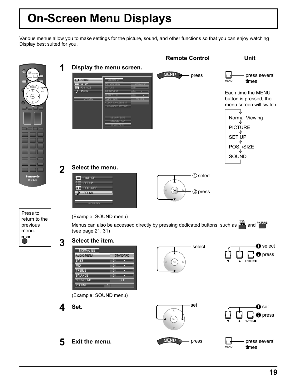 On-screen menu displays, Remote control unit, Display the menu screen | Select the menu, Select the item, Exit the menu | Pelican TH-50VX100U User Manual | Page 19 / 56