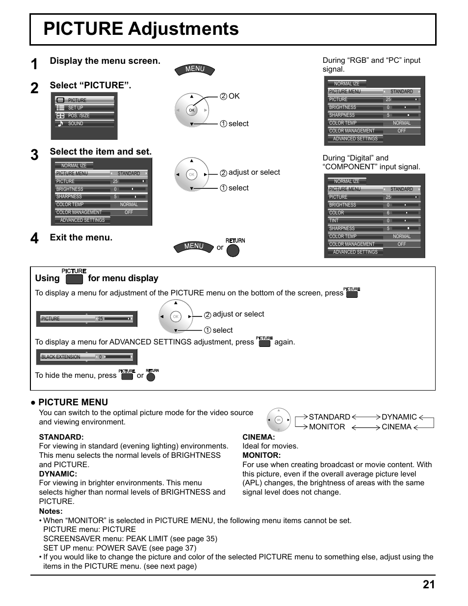 Picture adjustments, Display the menu screen, Select “picture | Select the item and set, Exit the menu, Using for menu display, Picture menu | Pelican TH-50VX100U User Manual | Page 21 / 56